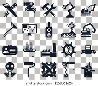 Set Of 20 transparent icons such as Mill, Crane, Planning, Roller, Gas mask, Excavator, Conveyor, Factory, Id card, Stock, Wood cutting, Digger, Tools, transparency icon pack, pixel perfect