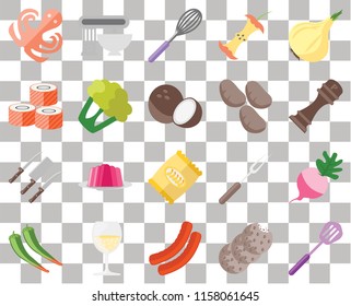 Set Of 20 transparent icons such as Spatula, Cookies, Sausage, Glass, Pepper, Onion, Radish, Chips, Knives, Cauliflower, Potatoes, Octopus, Whisk, transparency icon pack, pixel perfect