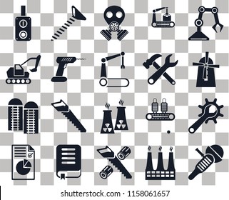 Set Of 20 transparent icons such as Sanding machine, Mill, Industrial robot, Conveyor, Plan, Screw, Excavator, transparency icon pack, pixel perfect