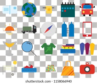 Set Of 20 transparent icons such as Camera, Bag, Swimsuit, Water craft, Beach volleyball, Bus, Surfing, Shirt, Cocktail, Trailer, Oxygen, Postcards, Phone, Towel, transparency icon pack, pixel perfect