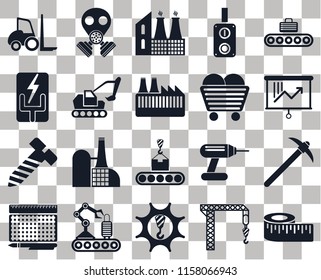 Set Of 20 transparent icons such as Measure, Crane, Machinery, Conveyor, print, Pick, Bolt, Excavator, Coal, Forklift, Planning, Factory, transparency icon pack, pixel perfect