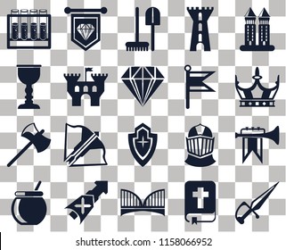 Set Of 20 transparent icons such as Dagger, Bible, Bridge, Lance, Cauldron, Tower, Fanfare, Shield, Axe, Castle, Flag, Alchemy, Crown, Tools, transparency icon pack, pixel perfect