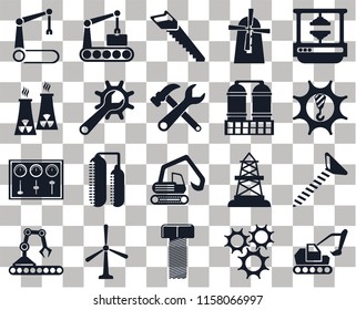 Set Of 20 transparent icons such as Excavator, Machinery, Machine press, Mill, Conveyor, Oilfield, Nuclear plant, transparency icon pack, pixel perfect