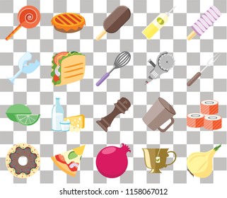 Set Of 20 transparent icons such as Onion, Tea, Pomegranate, Pizza, Doughnut, Ice cream, Sushi, Pepper, Lime, Taco, Grinder, Jawbreaker, Fork, transparency icon pack, pixel perfect