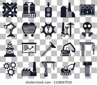 Set Of 20 transparent icons such as Bolt, Excavator, Crane, Factory, Cogwheel, Control panel, Screw, Oilfield, Coal, Tools, Planning, Gas mask, Switch, transparency icon pack, pixel perfect