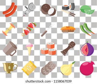 Set Of 20 transparent icons such as Pomegranate, Onion, Cookies, Chips, Tea, Lime, Fig, Sushi, Mug, Kebab, Pie, Sausage, Pepper, Coconut, transparency icon pack, pixel perfect