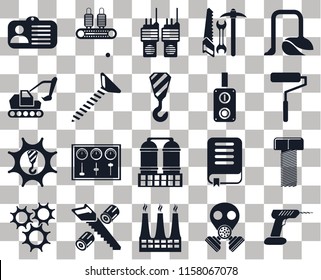 Set Of 20 transparent icons such as Drill, Roller, Vacuum, Tools, Cogwheel, Conveyor, Book, Excavator, transparency icon pack, pixel perfect