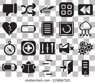 Set Of 20 transparent icons such as Server, Cloud computing, Rewind, Menu, Battery, Shuffle, Mute, Dislike, transparency icon pack, pixel perfect