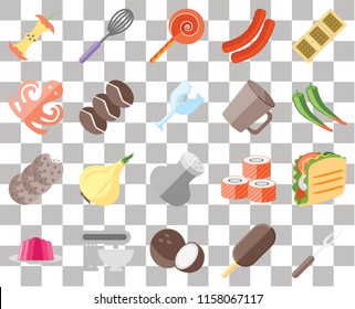 Set Of 20 transparent icons such as Fork, Ice cream, Coconut, Mixer, Jelly, Biscuit, Taco, Salt, Cookies, Coffee, Mug, Apple, Pepper, Jawbreaker, transparency icon pack, pixel perfect