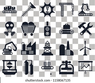Set Of 20 transparent icons such as Planning, Tools, Conveyor, Crane, Machine press, Screw, Factory, Gas mask, transparency icon pack, pixel perfect
