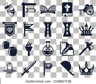Set Of 20 transparent icons such as Crown, Hat, Standard, Sword, Coif, Wheelbarrow, Axe, Poison, Beer, Flag, Tower, Crossbow, Bridge, transparency icon pack, pixel perfect