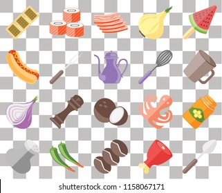 Set Of 20 transparent icons such as Spoon, Ham, Coffee, Pepper, Salt, Ice cream, Honey, Coconut, Onion, Fork, Whisk, Biscuit, Mug, Bacon, transparency icon pack, pixel perfect