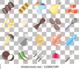 Set Of 20 transparent icons such as Fork, Jelly, Knives, Pepper, Coconut, Sushi, Water, Toast, Ice cream, Glass, Potatoes, Coffee, Whisk, transparency icon pack, pixel perfect