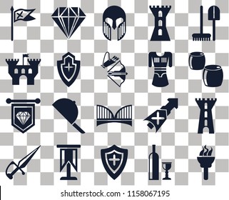 Set Of 20 transparent icons such as Torch, Wine, Shield, Standard, Dagger, Tools, Tower, Bridge, Tunic, Flag, Beer, Armour, transparency icon pack, pixel perfect