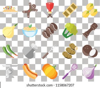 Set Of 20 transparent icons such as Onion, Spatula, Pumpkin, Hot dog, Scale, Pistachio, Coconut, Fork, Pepper, Pasta, Cauliflower, Risotto, Butcher, transparency icon pack, pixel perfect