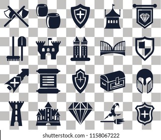 Set Of 20 transparent icons such as Shield, Witch, Jewelry, Castle, Tower, Standard, Armour, Lance, Bridge, Axes, transparency icon pack, pixel perfect