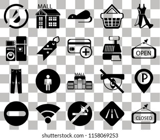 Set Of 20 transparent icons such as Closed, Road, No smoking, Wifi, Forbidden, Dress, Parking, Mall, Jeans, Discount, Cashier machine, water, Open, Rats, transparency icon pack, pixel perfect