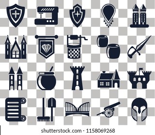 Set Of 20 transparent icons such as Armour, Cannon, Bridge, Tools, Scroll, Tower, Castle, Standard, Beer, Shield, Dagger, transparency icon pack, pixel perfect