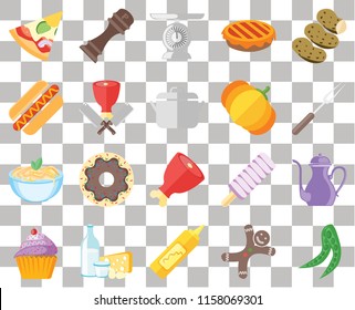 Set Of 20 transparent icons such as Peas, Gingerbread, Mustard, Dairy, Cupcake, Potatoes, Teapot, Ham, Pasta, Butcher, Pumpkin, Pizza, Fork, Scale, transparency icon pack, pixel perfect