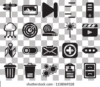 Set Of 20 transparent icons such as Archive, Id card, Settings, Trash, Garbage, Server, More, Send, Map, Radar, Magic wand, Street, Video player, Next, transparency icon pack, pixel perfect