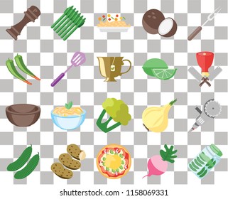 Set Of 20 transparent icons such as Pickles, Radish, Pizza, Potatoes, Cucumber, Fork, Grinder, Cauliflower, Bowl, Spatula, Lime, Pepper, Butcher, Risotto, transparency icon pack, pixel perfect