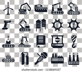 Set Of 20 transparent icons such as Factory, Machinery, Conveyor, Digger, Machine press, Drill, transparency icon pack, pixel perfect