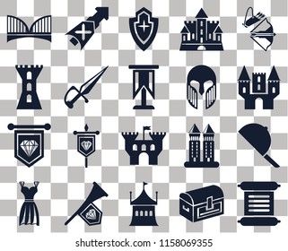 Set Of 20 transparent icons such as Scroll, Chest, Tent, Fanfare, Gown, Crossbow, Hat, Castle, Standard, Dagger, Armour, Bridge, Shield, transparency icon pack, pixel perfect