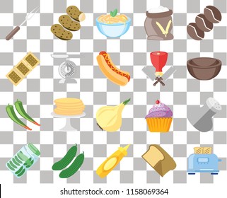 Set Of 20 transparent icons such as Toaster, Bread, Mustard, Cucumber, Pickles, Coffee, Salt, Onion, Pepper, Scale, Butcher, Fork, Bowl, Pasta, transparency icon pack, pixel perfect