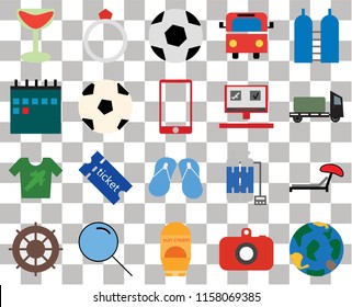 Set Of 20 transparent icons such as Globe, Camera, Sun protection, Search, Helm, Oxygen, Sunbed, Flip flops, Shirt, Ball, Booking, Cocktail, Trailer, transparency icon pack, pixel perfect