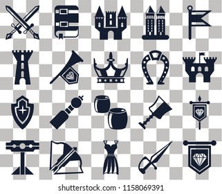 Set Of 20 transparent icons such as Standard, Dagger, Gown, Crossbow, Pillory, Flag, Banner, Beer, Shield, Fanfare, Horseshoe, Swords, Castle, transparency icon pack, pixel perfect