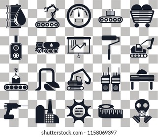 Set Of 20 transparent icons such as Gas mask, Measure, Options, Factory, Drill, Coal, Saw, Digger, Conveyor, Tank truck, Roller, Oil, Excavator, Gauge, transparency icon pack, pixel perfect