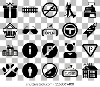 Set Of 20 transparent icons such as Mall, Discount, Cashier machine, Dress, No pets, Train, Girl, Shopping basket, transparency icon pack, pixel perfect
