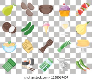 Set Of 20 transparent icons such as Pepper, Scale, Pickles, Sushi, Asparagus, Kebab, Pancakes, Pasta, Cucumber, Glass, Pear, Onion, Bowl, transparency icon pack, pixel perfect