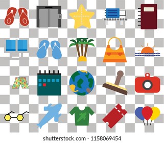 Set Of 20 transparent icons such as Balloon, Tickets, Shirt, Plane, Sunglasses, Notebook, Camera, Globe, Swimsuit, Flip flops, Bag, Sunset, Starfish, transparency icon pack, pixel perfect