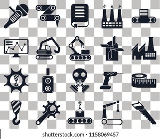 Set Of 20 transparent icons such as Saw, Factory, Conveyor, Crane, Robot arm, Drill, Stock, transparency icon pack, pixel perfect
