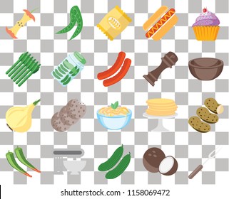 Set Of 20 transparent icons such as Fork, Coconut, Cucumber, Mixer, Pepper, Cupcake, Potatoes, Pasta, Onion, Pickles, Apple, Bowl, Chips, transparency icon pack, pixel perfect