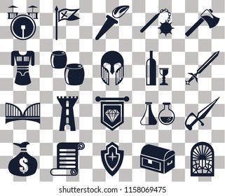 Set Of 20 transparent icons such as Stained glass window, Chest, Shield, Scroll, Money bag, Axe, Dagger, Standard, Bridge, Beer, Wine, Drum, Sword, Torch, transparency icon pack, pixel perfect