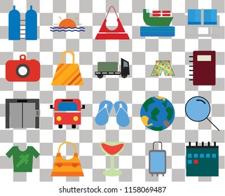 Set Of 20 transparent icons such as Calendar, Suitcases, Cocktail, Bag, Shirt, Waiting room, Search, Flip flops, Elevator, Swimsuit, Oxygen, Notebook, Purse, transparency icon pack, pixel perfect