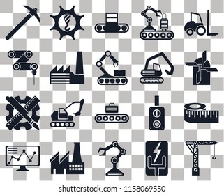 Set Of 20 transparent icons such as Crane, Electricity, Robot arm, Factory, Stock, Forklift, Measure, Conveyor, Planning, Digger, Pick, Mill, transparency icon pack, pixel perfect