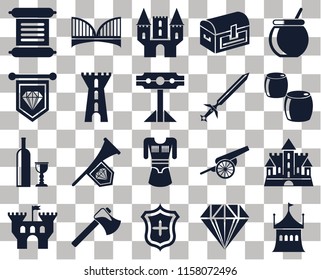 Set Of 20 transparent icons such as Tent, Jewelry, Shield, Axe, Castle, Cauldron, Tunic, Wine, Tower, Sword, Scroll, Beer, transparency icon pack, pixel perfect