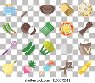 Set Of 20 transparent icons such as Mustard, Gingerbread, Ice cream, Radish, Onion, Doughnut, Flour, Cauliflower, Spatula, Coconut, Pizza, Toaster, Pepper, Bowl, transparency icon pack, pixel perfect