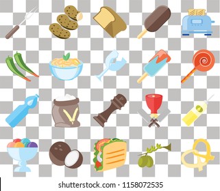 Set Of 20 transparent icons such as Pretzel, Olives, Taco, Coconut, Ice cream, Toaster, Oil, Pepper, Water, Pasta, Fork, Jawbreaker, Bread, transparency icon pack, pixel perfect