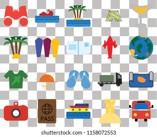 Set Of 20 transparent icons such as Bus, Sand castle, Cruise, Passport, Camera, Cocktail, Map, Flip flops, Shirt, Surfing, Airplane, Binoculars, Globe, Island, transparency icon pack, pixel perfect