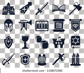 Set Of 20 transparent icons such as Tower, Axe, Helmet, Shield, Dagger, Spellbook, Beer, Fanfare, Scroll, Castle, Standard, Sword, transparency icon pack, pixel perfect