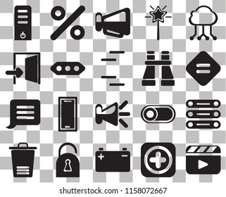 Set Of 20 transparent icons such as Video player, Equal, Cloud computing, Magic wand, Trash, Percent, Switch, Exit, transparency icon pack, pixel perfect