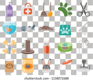 Set Of 20 transparent icons such as Snake, Frisbee, Rabbit, Cat food, Pet Scissors, Leash, Spray, Treats, Fish, Shopping bag, Shampoo, Net, Dustpan, transparency icon pack, pixel perfect