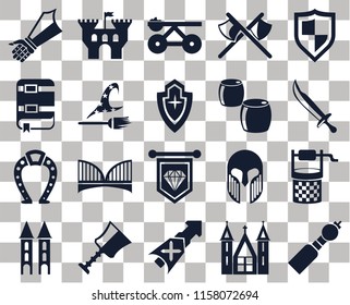 Set Of 20 transparent icons such as Bladder pipe, Church, Lance, Cup, Tower, Shield, Water well, Standard, Horseshoe, Witch, Beer, Gauntlet, Sword, Trebuchet, transparency icon pack, pixel perfect