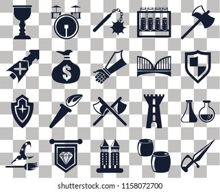 Set Of 20 transparent icons such as Dagger, Beer, Tower, Standard, Witch, Axe, Alchemy, Axes, Shield, Money bag, Bridge, Goblet, Morning star, transparency icon pack, pixel perfect