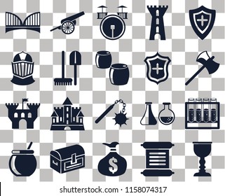 Set Of 20 transparent icons such as Goblet, Scroll, Money bag, Chest, Cauldron, Shield, Alchemy, Morning star, Castle, Tools, Bridge, Axe, Drum, transparency icon pack, pixel perfect