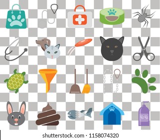 Set Of 20 transparent icons such as Shampoo, Pet house, Fish, Poop, Rabbit, Spider, Animal, Dustpan, Turtle, Pet, Cat, Shopping bag, Scissors, First aid, transparency icon pack, pixel perfect